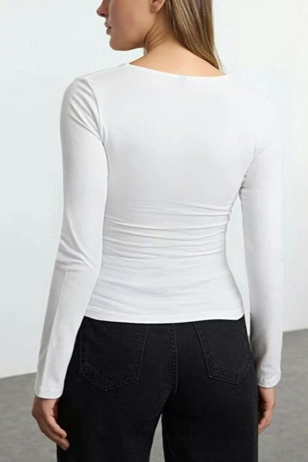 WOVCOR Square Neck Draped Detailed Fitted Knit Blouse
