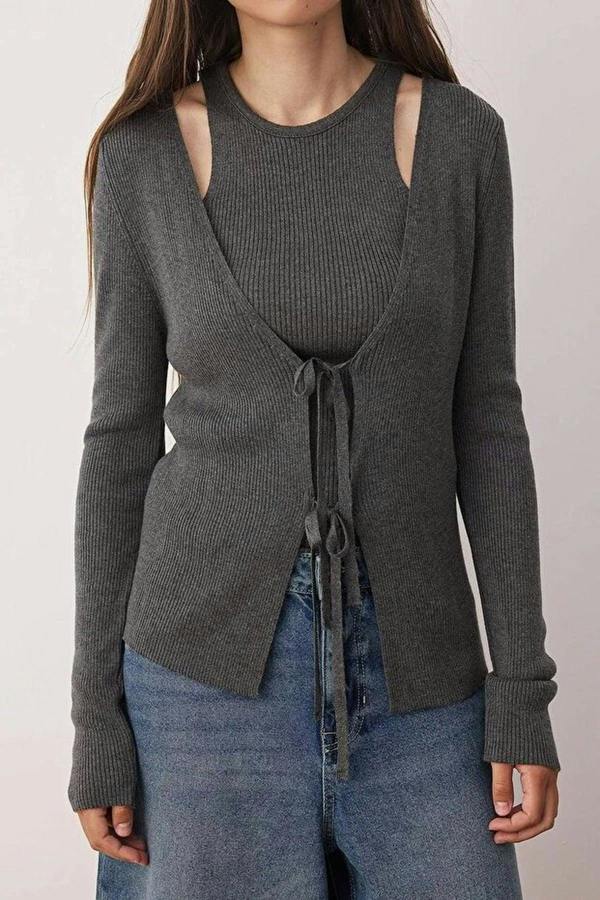 WOVCOR 2-Piece V-Neck Mercerized Look Knitwear Cardigan-Blouse Set