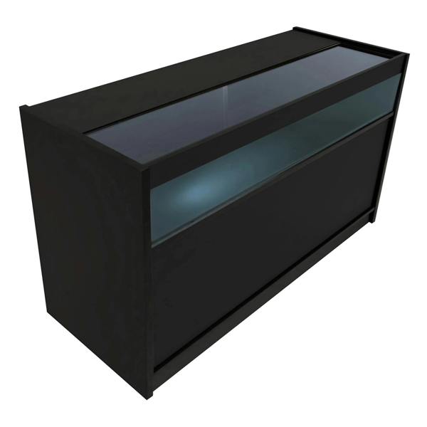 Sleek black Triton LED shop counter set featuring a glass display top and illuminated shelving, ideal for retail environments