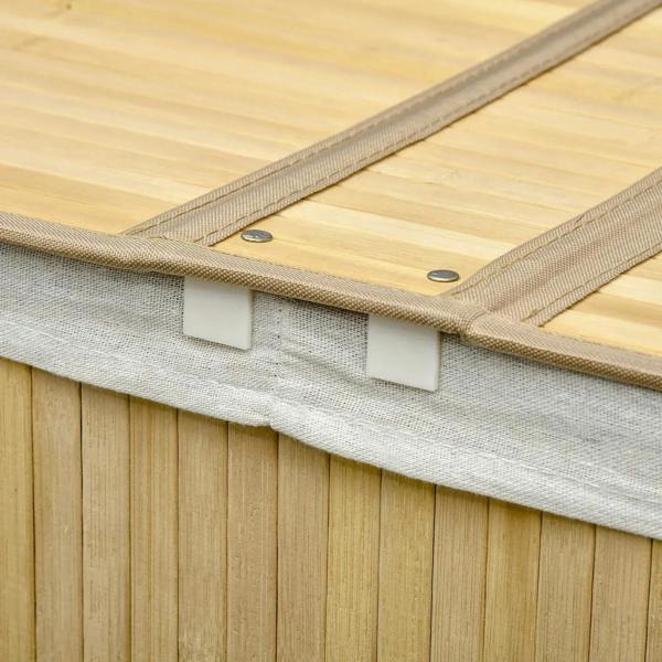 Close-up of natural bamboo lid edge with gray fabric liner and fastening tabs