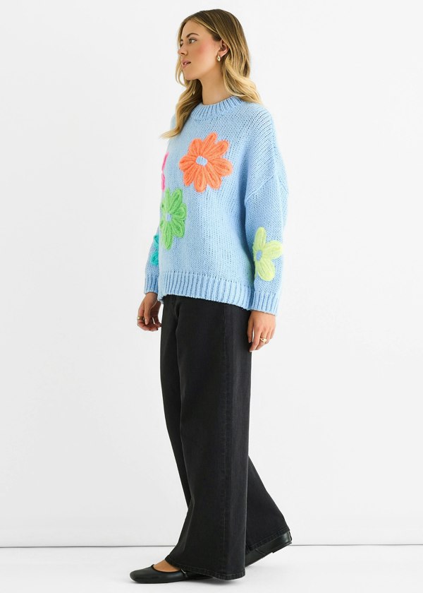 Gini London Blue Floral Crochet Chunky Knit Oversized Jumper