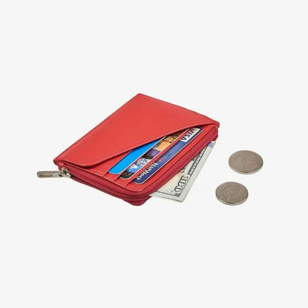 Red leather zip wallet for women with coin pocket