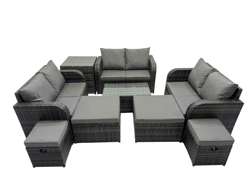 Fimous Outdoor Love Sofa Coffee Table Set Garden Rattan Furniture Set 10 Seater with 4 Stools Side Table Dark Grey