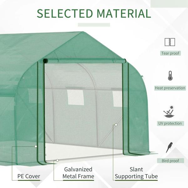 Green greenhouse corner with PE cover and mesh window panels, close-up