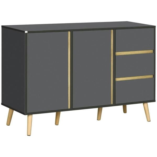 Dark grey modern sideboard cabinet with double doors, 3 drawers, and tapered wooden legs