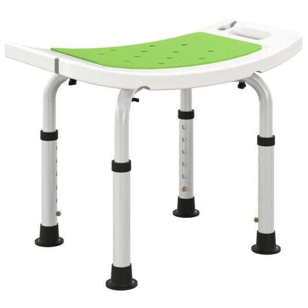 Adjustable height shower chair with green padded seat, aluminum legs, and non-slip rubber feet