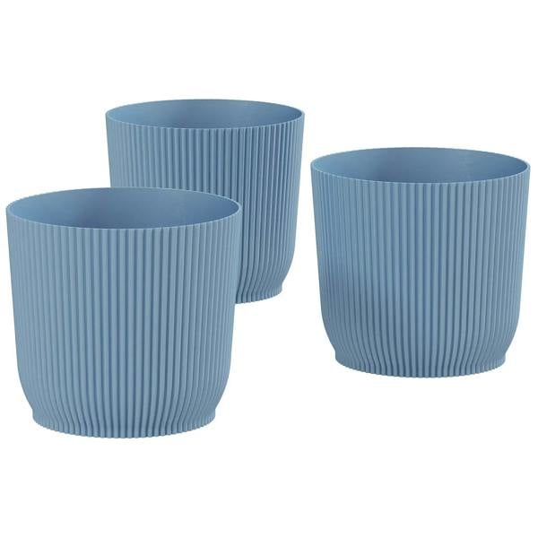 Set of three blue ribbed cylindrical planters, 22 cm, shown upright