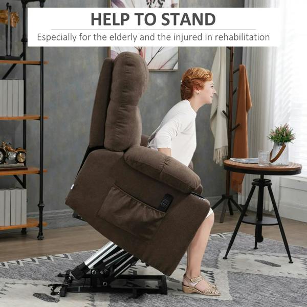 Dark brown power lift recliner chair lifted and partially reclined, footrest extended.