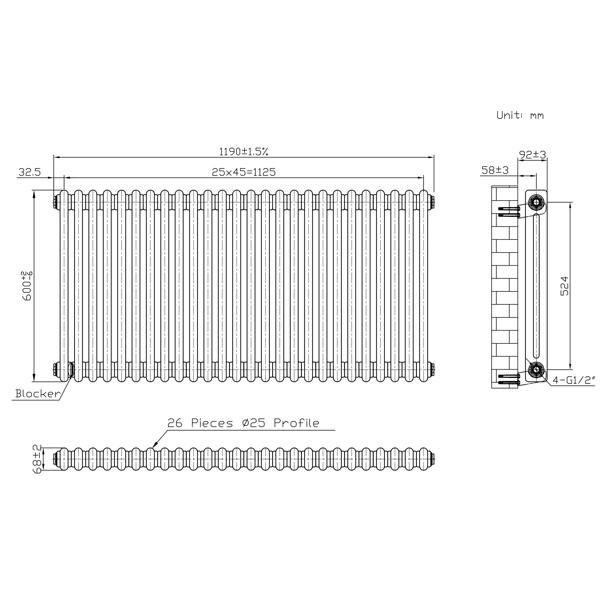 Monstershop Traditional 2 Column Radiator - 600 x 1190mm - Raw Metal
