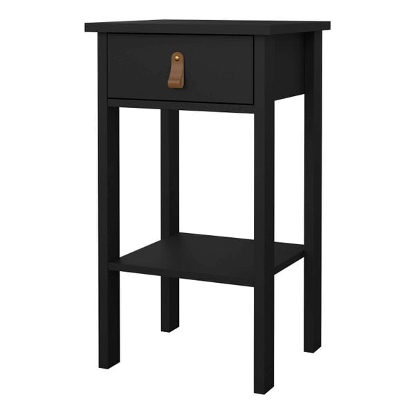 Wyld Haus Wildberry Matt Black Wooden Bedside Table with 1 Drawer Bottom Shelf Leather Handles
