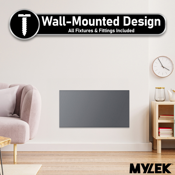 MYLEK Electric Radiator Panel Heater Grey WIFI Smart APP Eco 1500W Bathroom Safe Wall Mounted Timer Thermostat