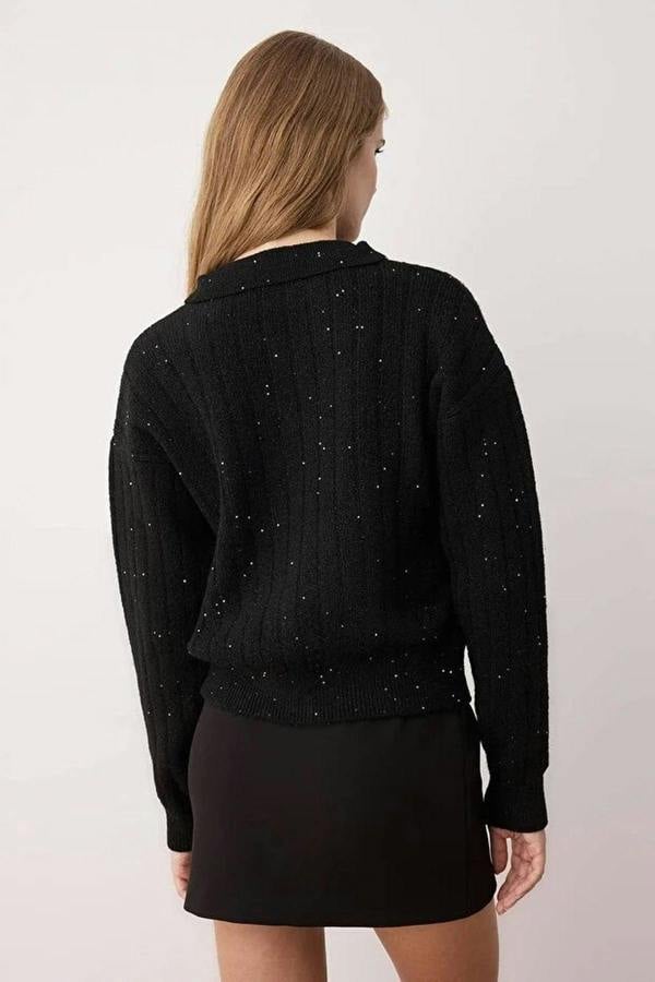 WOVCOR Sequined Knit Cardigan with Button Detail