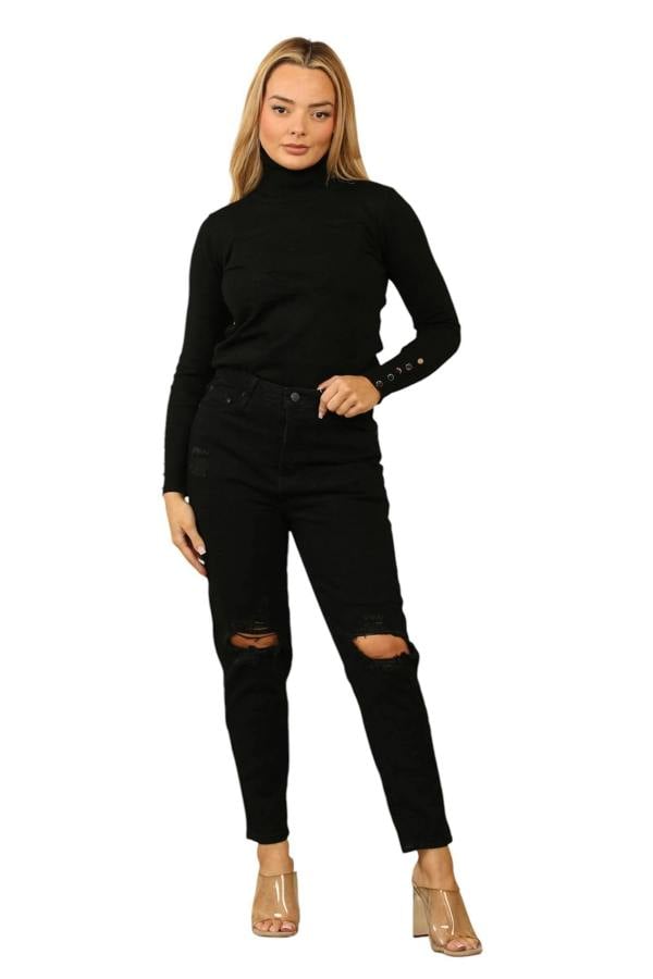 High-Waisted Distressed Mom Jeans – Black