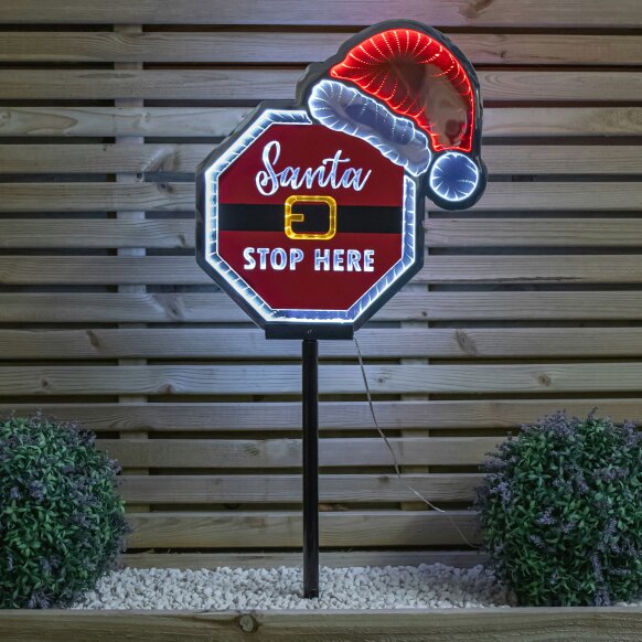 Samuel Alexander 40cm Light up Christmas Santa Stop Here Sign with Santa Hat & LEDs