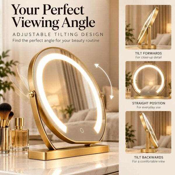 Downton Interiors Gold Round Dressing Table Vanity Mirror with LED Light Touch Control 45cm