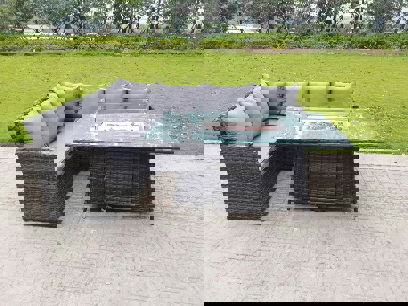 Fimous High Back Corner Rattan Garden Furniture Sofa Gas Fire Pit Dining Table Gas Heater Sets 6 Seater