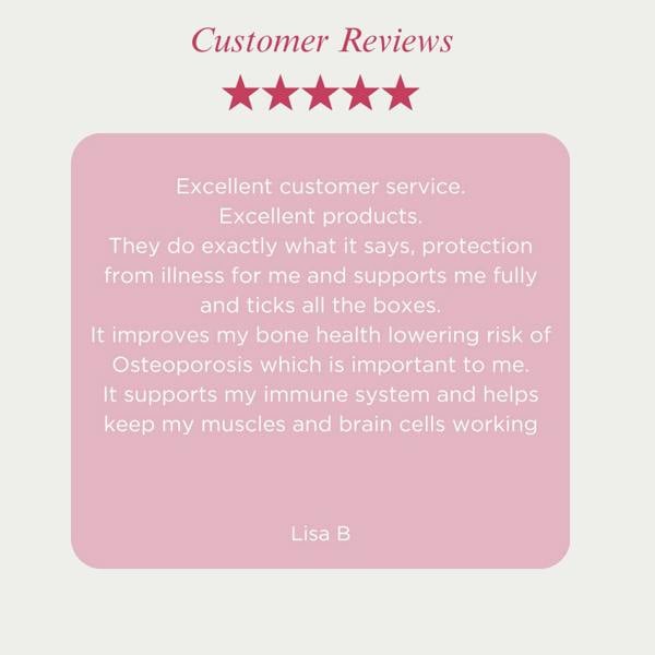 Five-star customer review on a pink background with text praising product effectiveness and customer service.