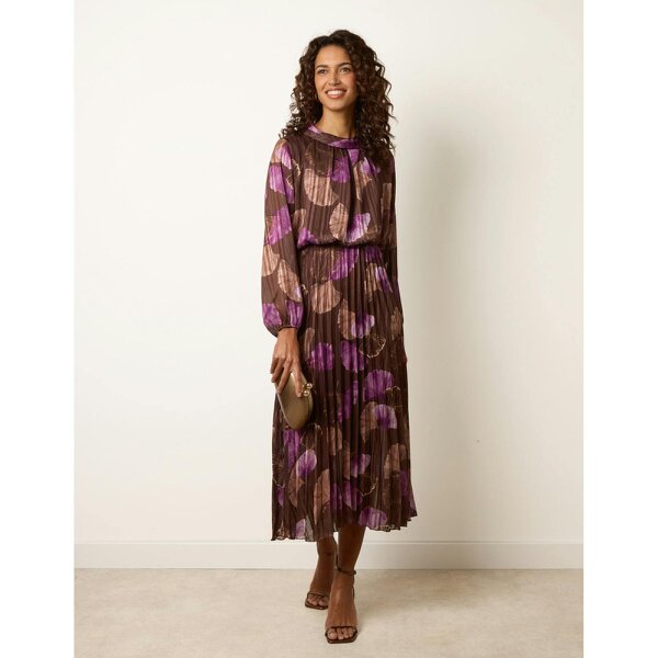 Blue Vanilla Metallic Chiffon Cowl Neck Pleated Dress