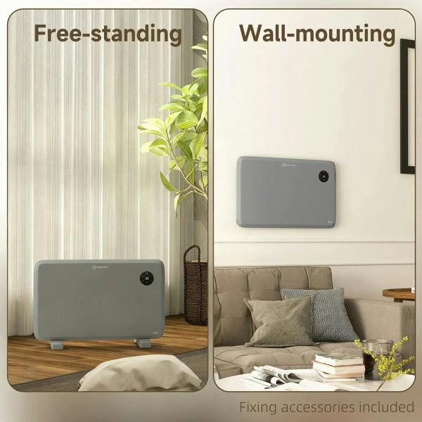 Grey electric convector heater shown for freestanding and wall-mounting installation