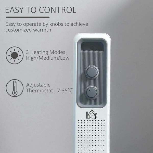 White oil-filled radiator heater control area with two knobs and vented fan grille