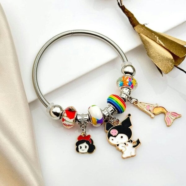 The Colourful Aura Cartoon Charm Dangle Silver Enamel Bangle Bracelet