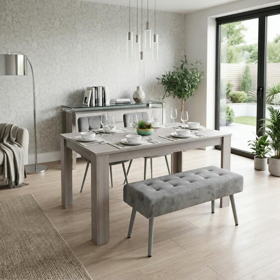 Kosy Koala Modern Rectangle Dining Table Set With 2 Grey Velvet Chairs And 1 Grey Bench Dining Room Furniture