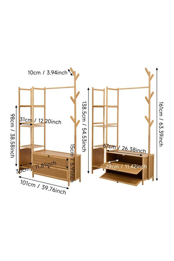 Living and Home Freestanding Bamboo Clothes Rack Garment Rack with Storage Shelves Coat Hanger
