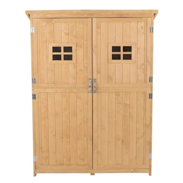 Natural wood outdoor shed cabinet with double doors and two small windows across the front