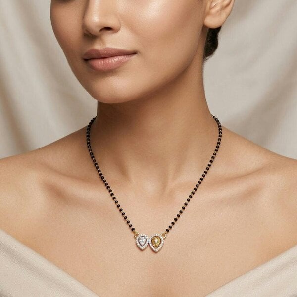 The Colourful Aura Double Heart Zircon Black Beaded Mangalsutra Necklace