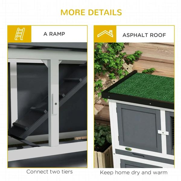 Two-tier rabbit hutch with ramp entrance and asphalt-style roof panel detail