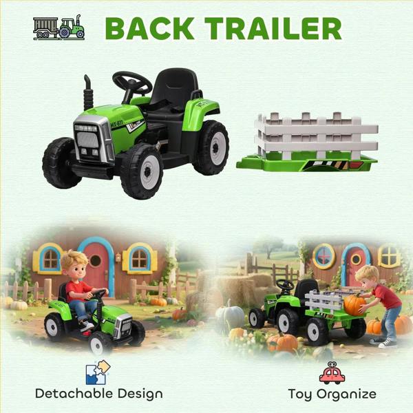 Green ride-on tractor with detachable trailer, side view showing trailer attachment