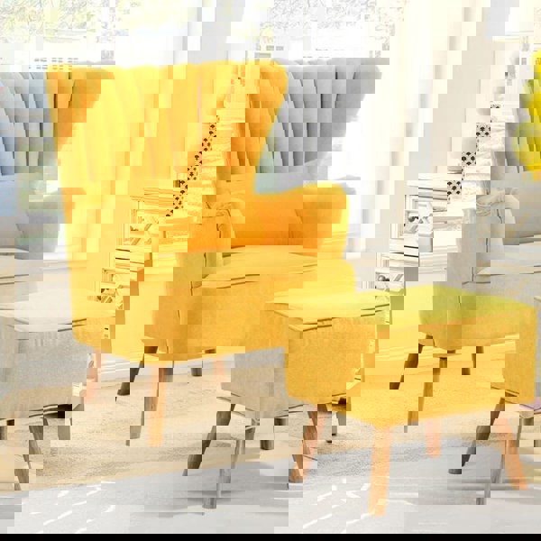 Occasion Faux Wool Wingback Chair Padded Armchair and Footstool Wingback Chairs Living and Home Yellow