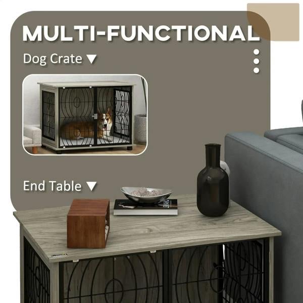 Grey multi-function dog crate end table with black wire enclosure and plush cushion