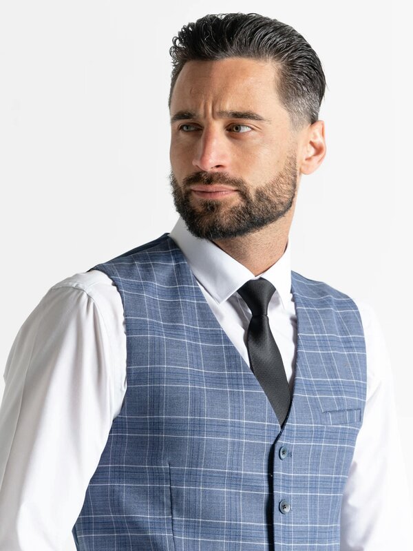 V2 Classic Kensignton Three Piece Suit - Light Blue with White and Blue Checks
