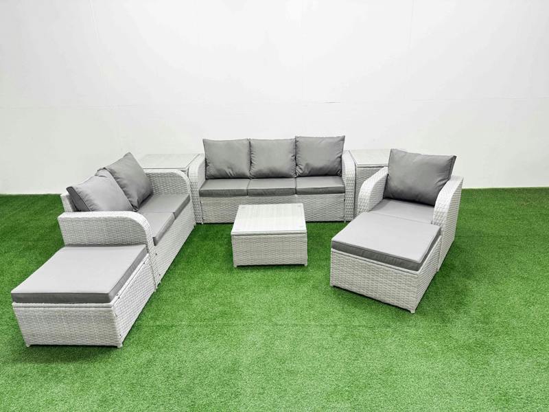 Fimous 8 Seater Rattan Set, PE Wicker, Square Coffee Table, Reclining Chair, Loveseat, 3 Seater Sofa, 2 Big Footstools and 2 Side Tables, Light Grey