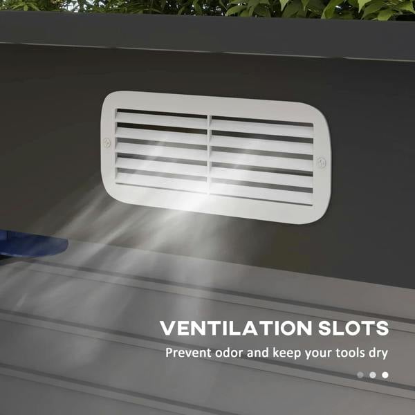 Grey metal shed side panel with rectangular ventilation louver air slots