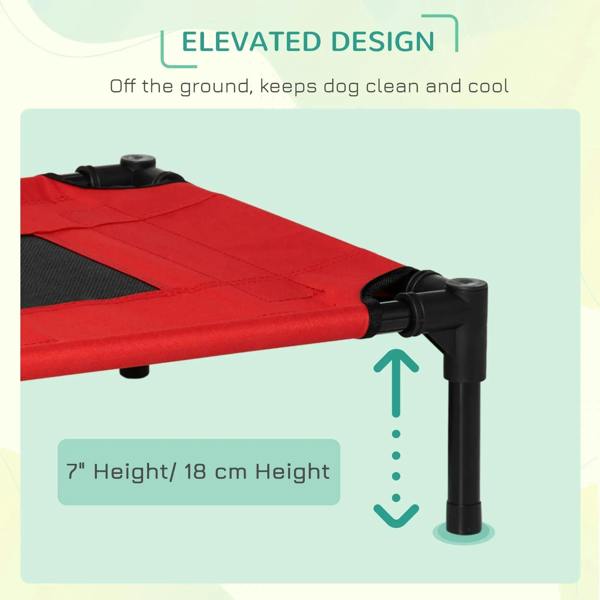 Red raised pet bed with black legs and padded top surface lifted off the ground
