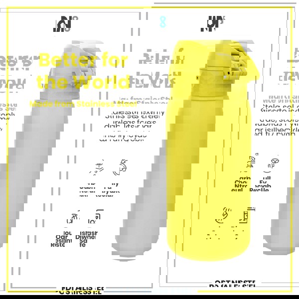 A yellow stainless steel water bottle sits against a white background. The bottle is advertised as durable, recyclable, odour-resistant, and dishwasher-safe. The text also highlights its carbon-neutral production.