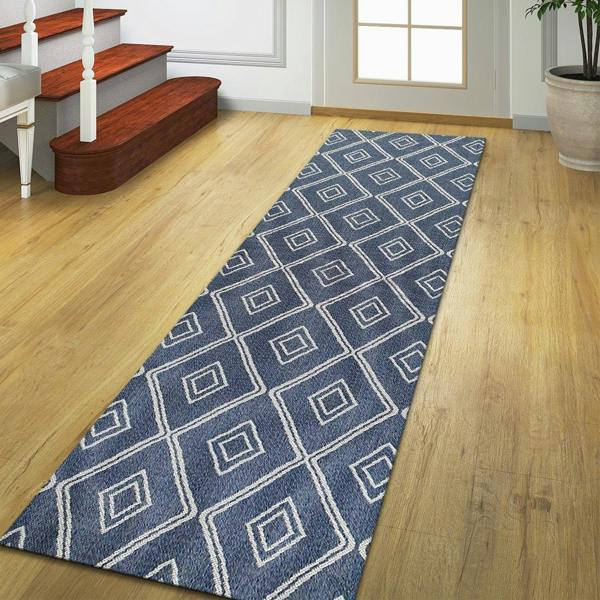 Viva Rugs Cotton Rug Navy Blue Diamond Pattern Washable Runner Modern Woven Mat Carpet Small Extra Large - 75x300cm (2'5"x9'8")