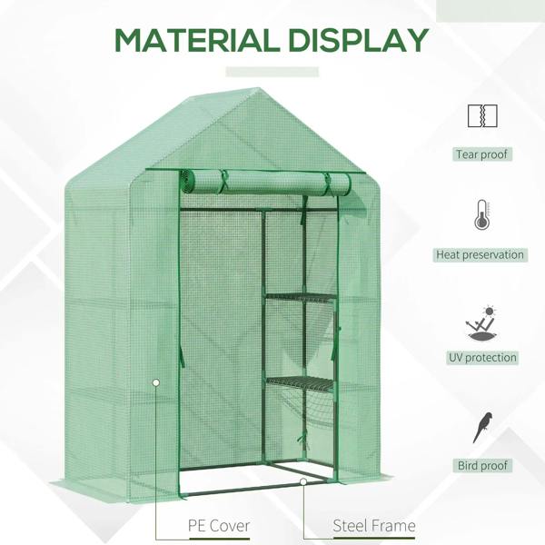Green PE cover greenhouse with steel frame, roll-up zippered door, two-tier shelves