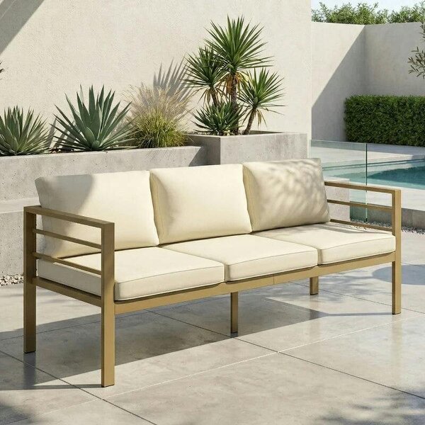 Garden Bench with Cushions, 3-Seater Sofa with Backrest, Armrest and Back Cushions, 185 x 66 x 64cm, Cream White - Cream