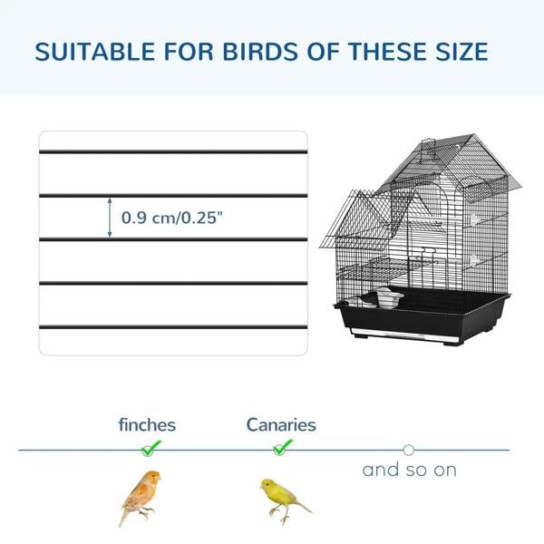 Black metal bird cage with wire mesh walls and arched top