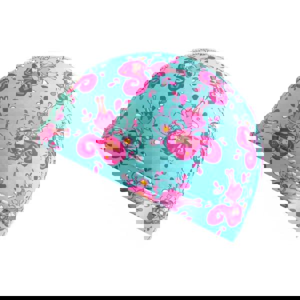 Turquoise and pink fun patterns lycra junior swim cap