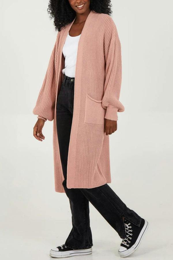 Hoxton Gal Oversized Long Sleeves Midi Knitted Cardigan with Pocket Details in Pink