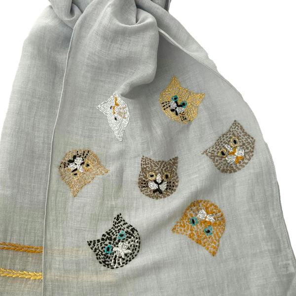 Hayley & Co Hand Embroidered 100% Linen Scarf with Cat face design