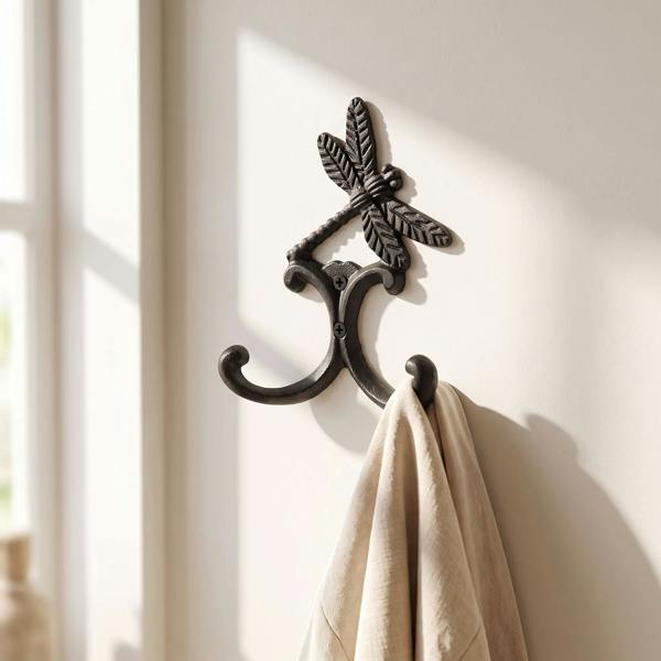 Antique cast iron dragonfly double robe hook with a robe hanging, mounted on a lightly-colored wall in a rustic bathroom scene.