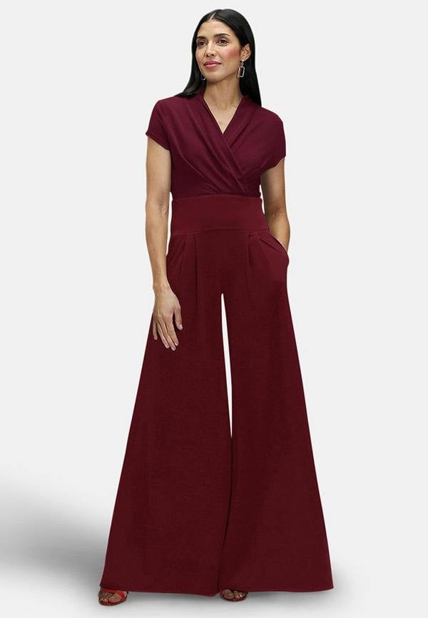 HotSquash V Neck Wide Leg Jumpsuit with Cap Sleeves