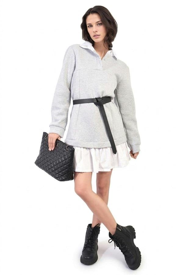 Kayla Collared Long Sleeve Mini Dress - Grey_wb
