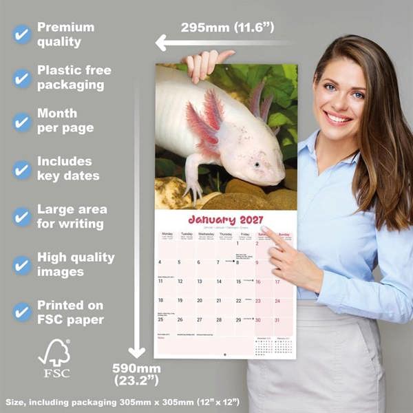 Axolotls Calendar 2027, Wall Calendars, Month To View, Animals, Gift