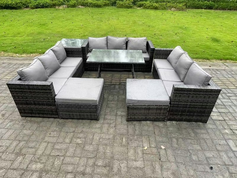 Fimous 11 Seater Rattan Outdoor Furniture Lounge Sofa Garden Dining Set with Dining Table Side Table 2 Big Footstools Dark Grey Mixed